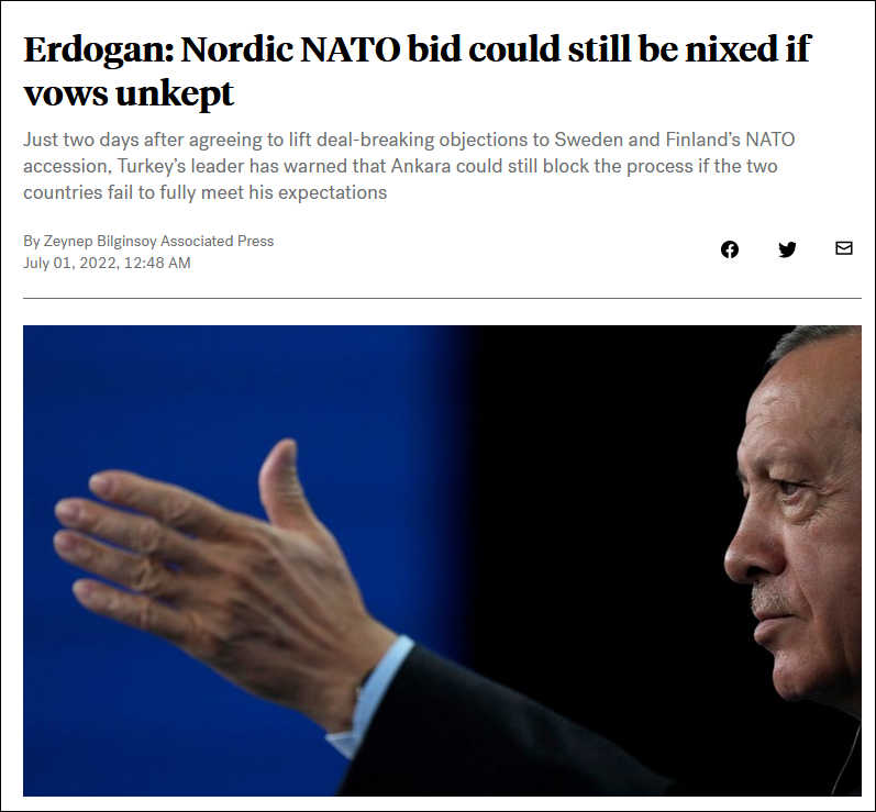  埃尔多安警告芬兰瑞典：若违背承诺，仍会阻止两国加入北约.国际 